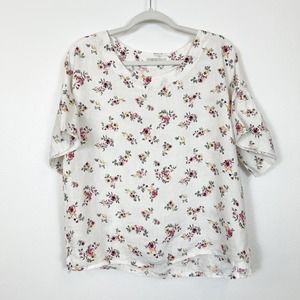 Bellambra 100% Linen Floral Top Short Ruffled Sleeves Women's Small